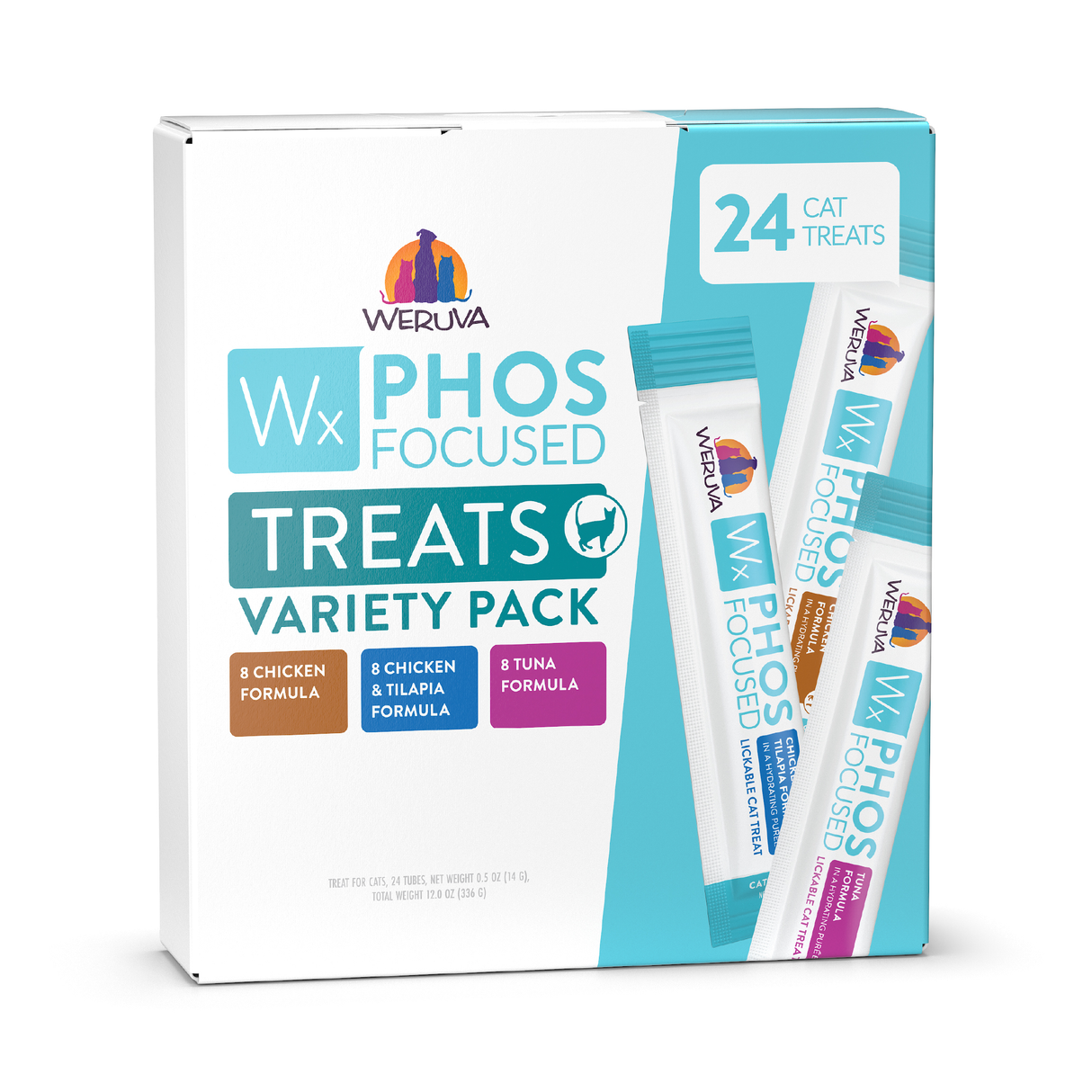 The Weruva Wx Phos Focused Lickable Cat Treat Variety Pack includes 24 treats (chicken, chicken & tilapia, and tuna) in a white box with blue and teal accents featuring images of treat packets.