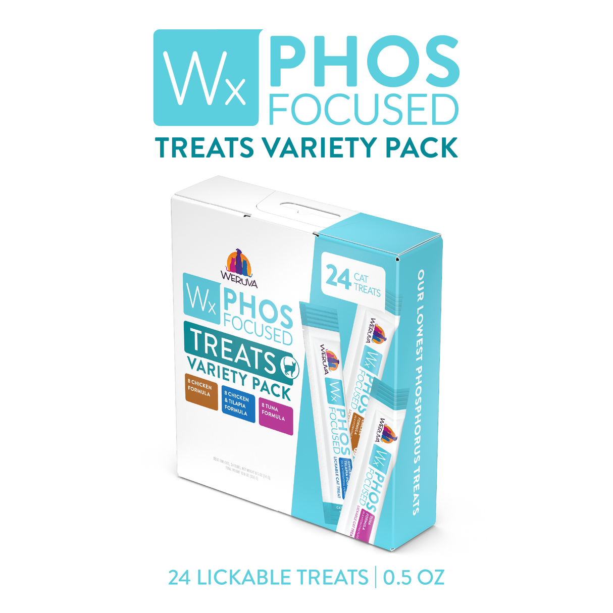A white and blue Weruva Wx Phos Focused Lickable Cat Treat Variety Pack box shows 24 cat treats (0.5 oz each) in chicken, tuna, and chicken & pumpkin flavors. Brand: Weruva Wx.