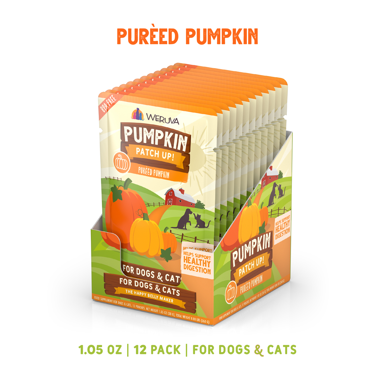 Display box of Weruva Puréed Pumpkin Supplement containing twelve individual pouches, featuring illustrations of pumpkins and a farm scene.