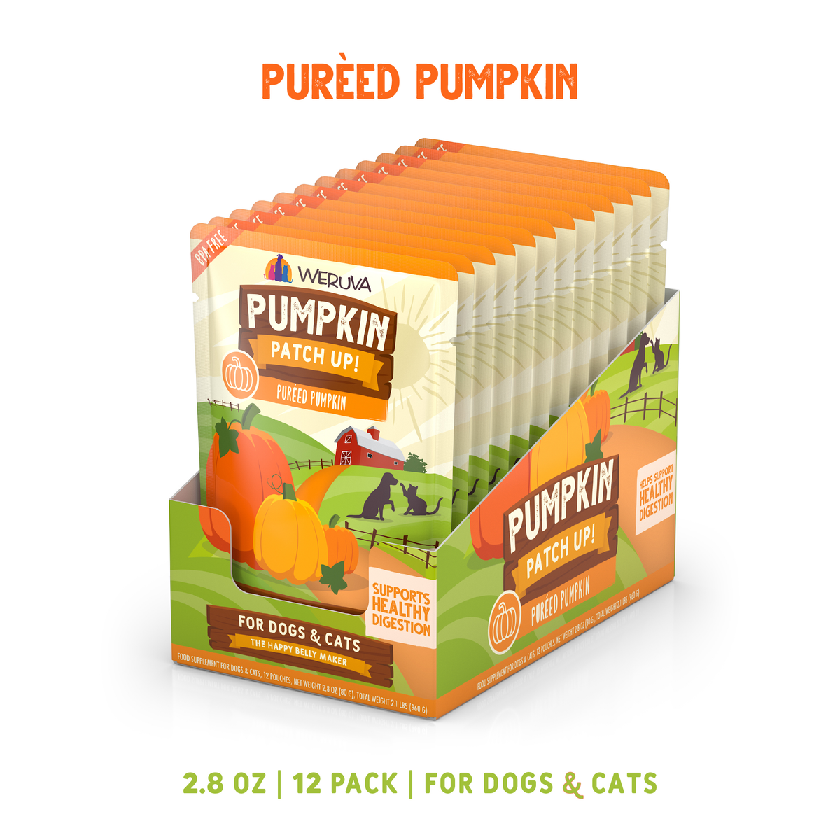 A display box of twelve individual pouches of Weruva Puréed Pumpkin Supplement for digestive support in dogs and cats.