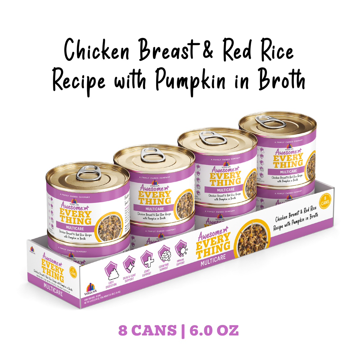 A package of eight 6-oz cans of Awesome Functions Awesome Everything Chicken Breast & Red Rice Recipe with Pumpkin, displayed in a white and purple tray.