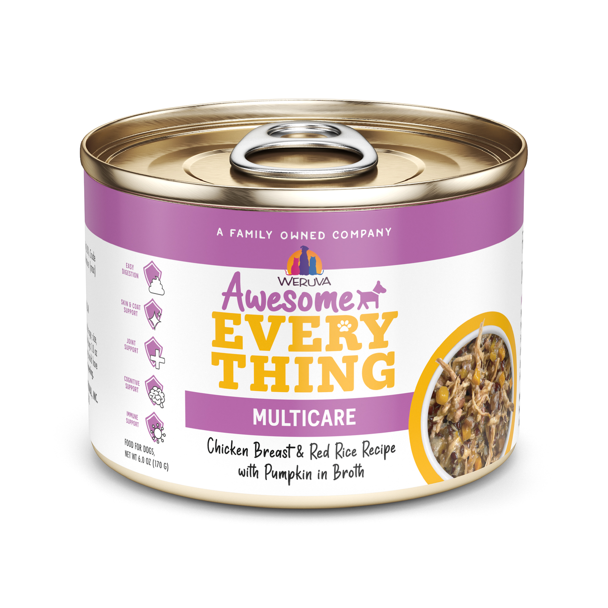A can of Awesome Functions Awesome Everything Chicken Breast & Red Rice Recipe with Pumpkin cat food features chicken, red rice, and pumpkin in broth. The white and purple label has a food photo and bold yellow text, resembling superfood dog food packaging.