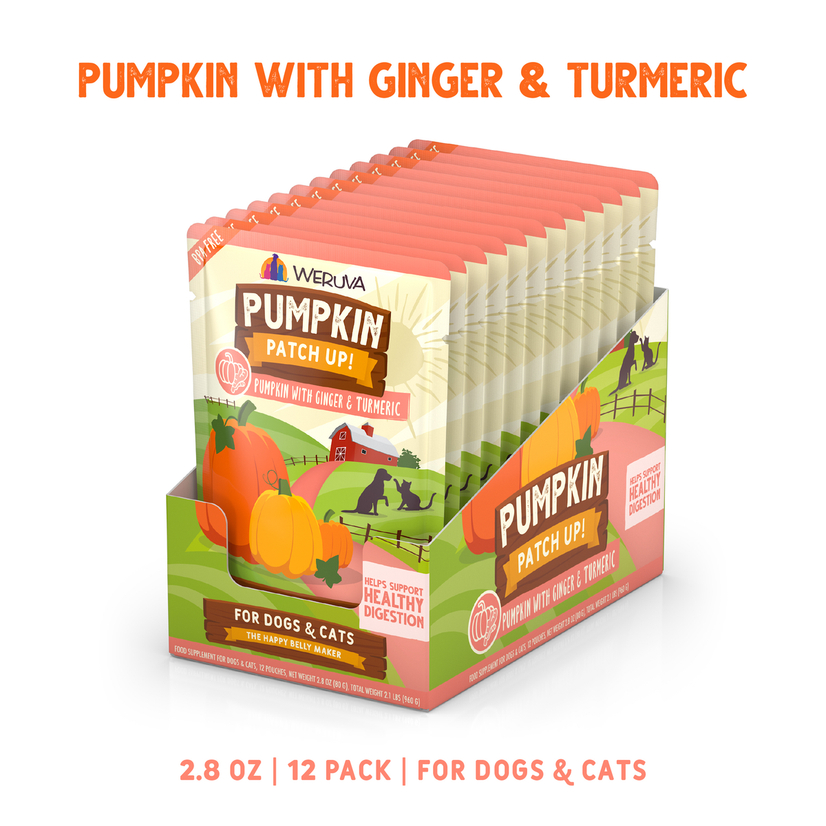 A display box containing twelve individual pouches of Weruva Pumpkin with Ginger & Turmeric Supplement.