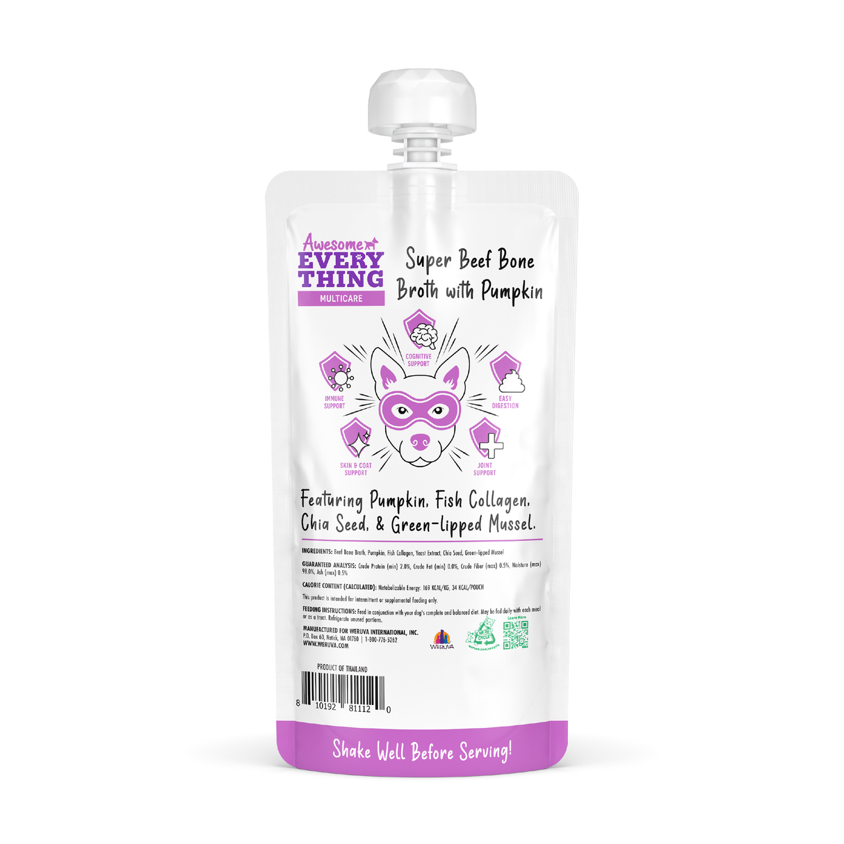A white squeeze pouch labeled Awesome Everything Super Beef Bone Broth by Awesome Functions features a purple superhero dog and lists pumpkin, fish collagen, chia seed, and green-lipped mussel for whole body wellness. Shake Well Before Serving!.