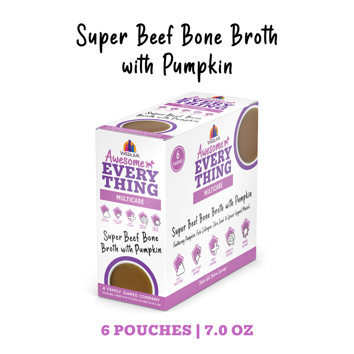 A purple and white box labeled Awesome Functions Awesome Everything Super Beef Bone Broth contains 6 pouches with pumpkin, 7.0 oz total. This dog mixer supports whole body wellness and features pet icons on the packaging.