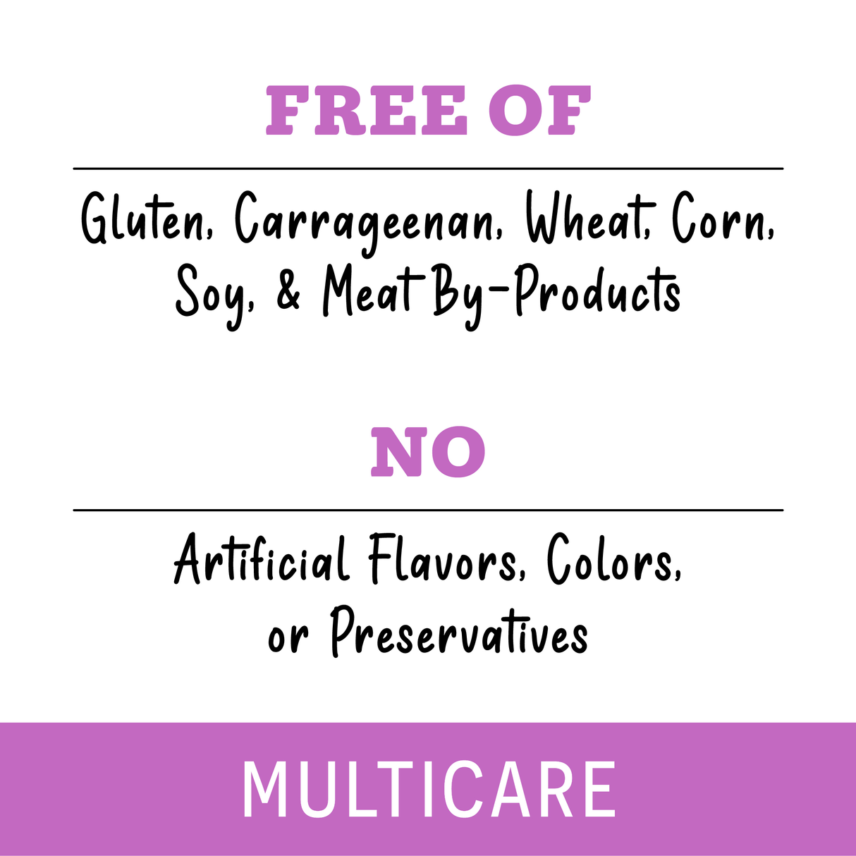 Image with text: FREE OF Gluten, Carrageenan, Wheat, Corn, Soy & Meat By-Products. NO Artificial Additives. Promotes whole body wellness—great as a dog mixer or with Awesome Functions Awesome Everything Super Beef Bone Broth. MULTICARE in purple banner below.