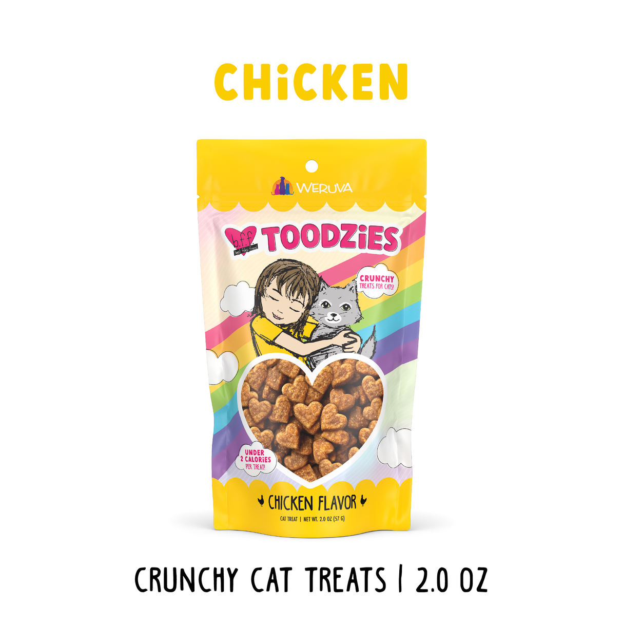 A yellow and white bag of BFF Best Feline Friend Chicken Flavor Crunchy Cat Treats (2.0 oz), made in the USA, features a cartoon person hugging a gray cat, rainbow stripes, and heart-shaped treats visible through a clear window.