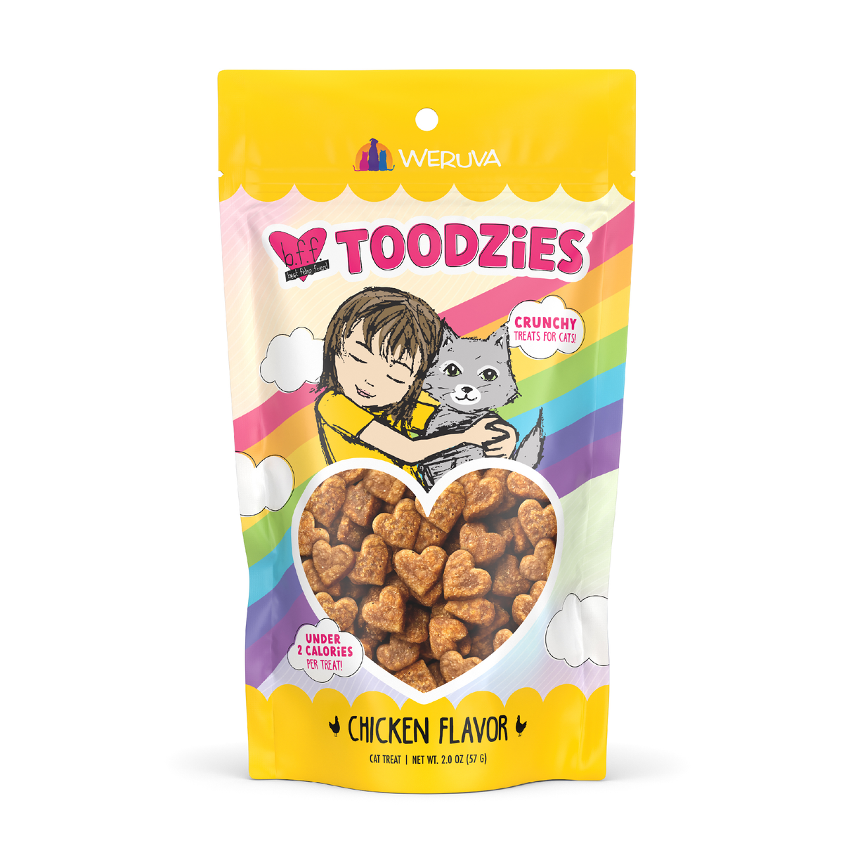 BFF Best Feline Friend Chicken Flavor Crunchy Cat Treats come in a colorful bag showing a child hugging a gray cat, with hearts, rainbows, and heart-shaped treats visible through a window. Made in the USA.