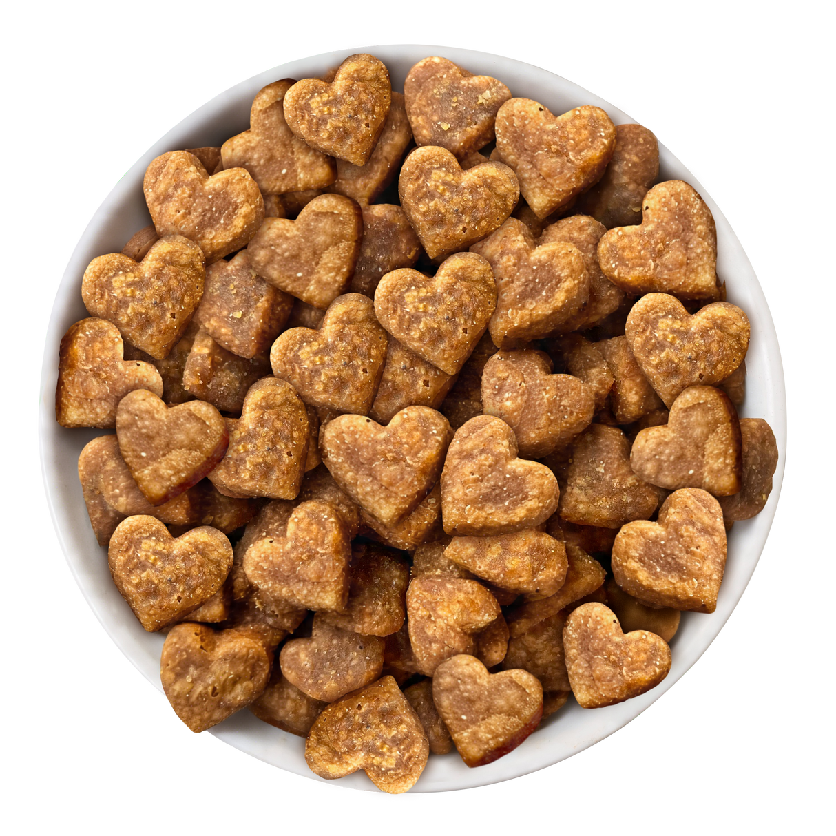 A white bowl contains brown, heart-shaped BFF Best Feline Friend Chicken Flavor Crunchy Cat Treats, closely arranged and viewed from above on a white background.