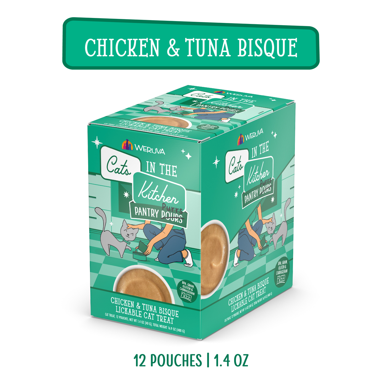 A teal box of Cats in the Kitchen Chicken & Tuna Bisque lickable cat treats features cat illustrations and contains 12 pouches (1.4 oz each) of tasty chicken and tuna flavor.