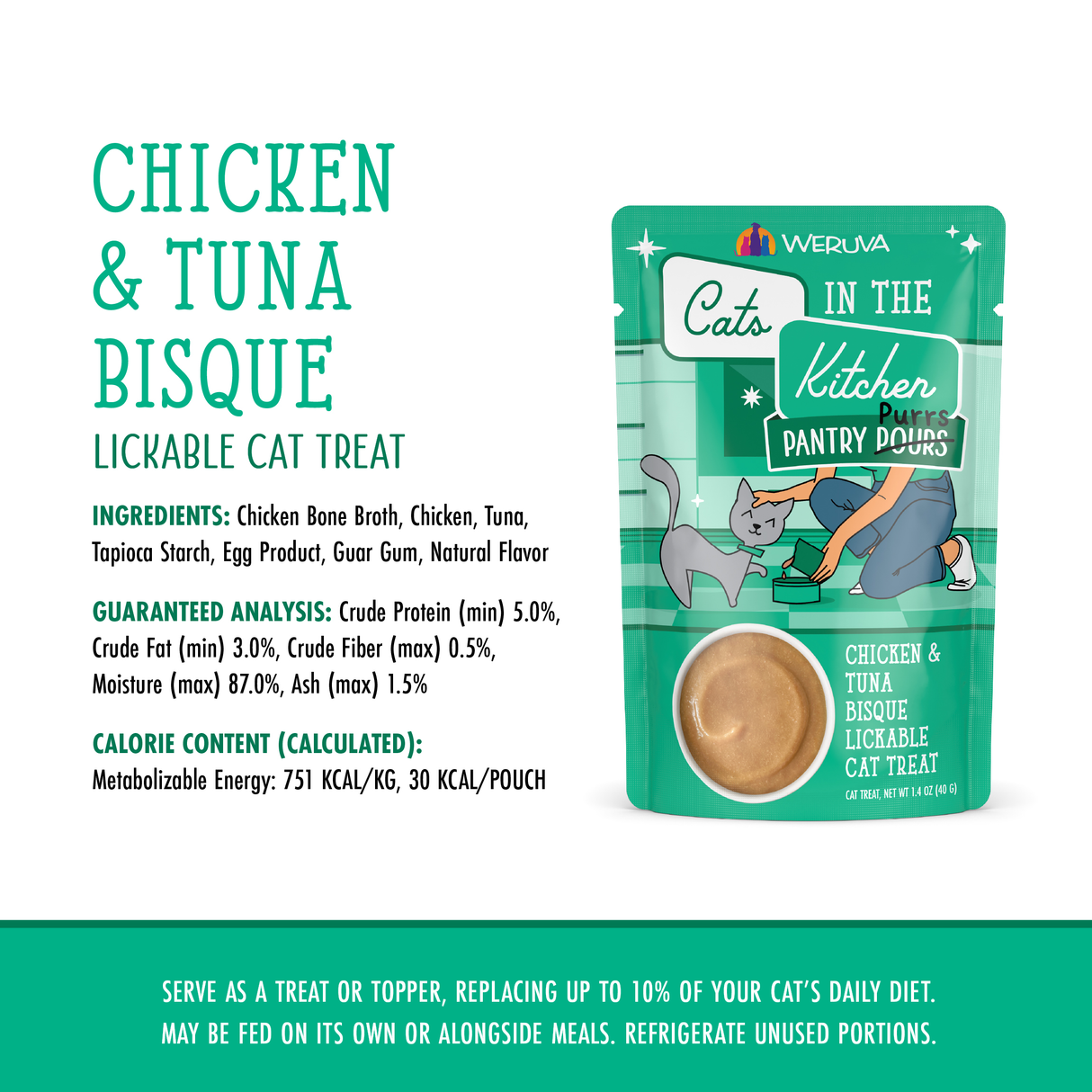 A sachet of Cats in the Kitchen Chicken & Tuna Bisque cat treat sits beside text listing ingredients, guaranteed analysis, and calories, with serving suggestions below. The package features cat graphics and green accents.