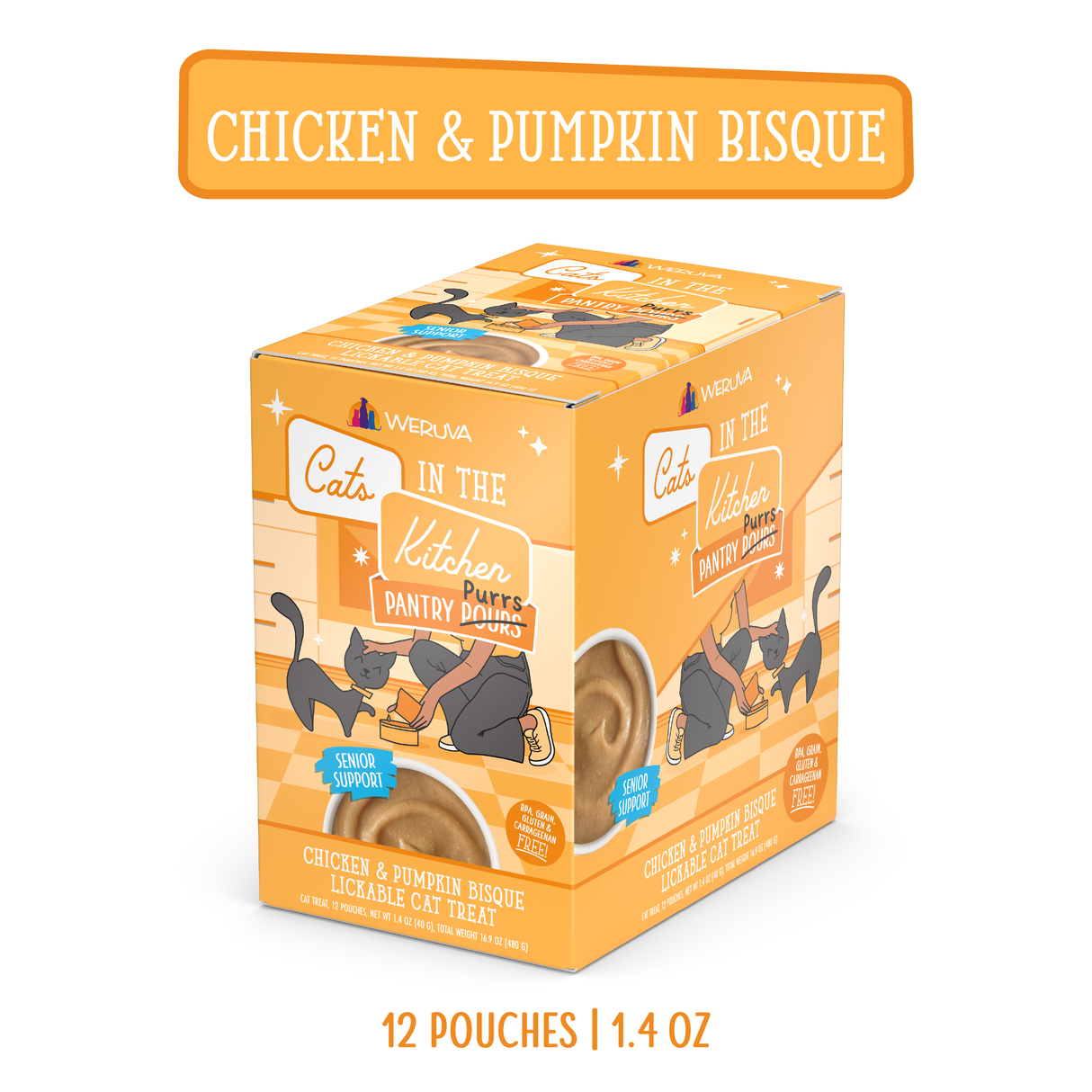 A box of Cats in the Kitchen Chicken & Pumpkin Bisque with Senior Support for senior cats, featuring cartoon cats on the packaging. Includes 12 pouches, each 1.4 oz.