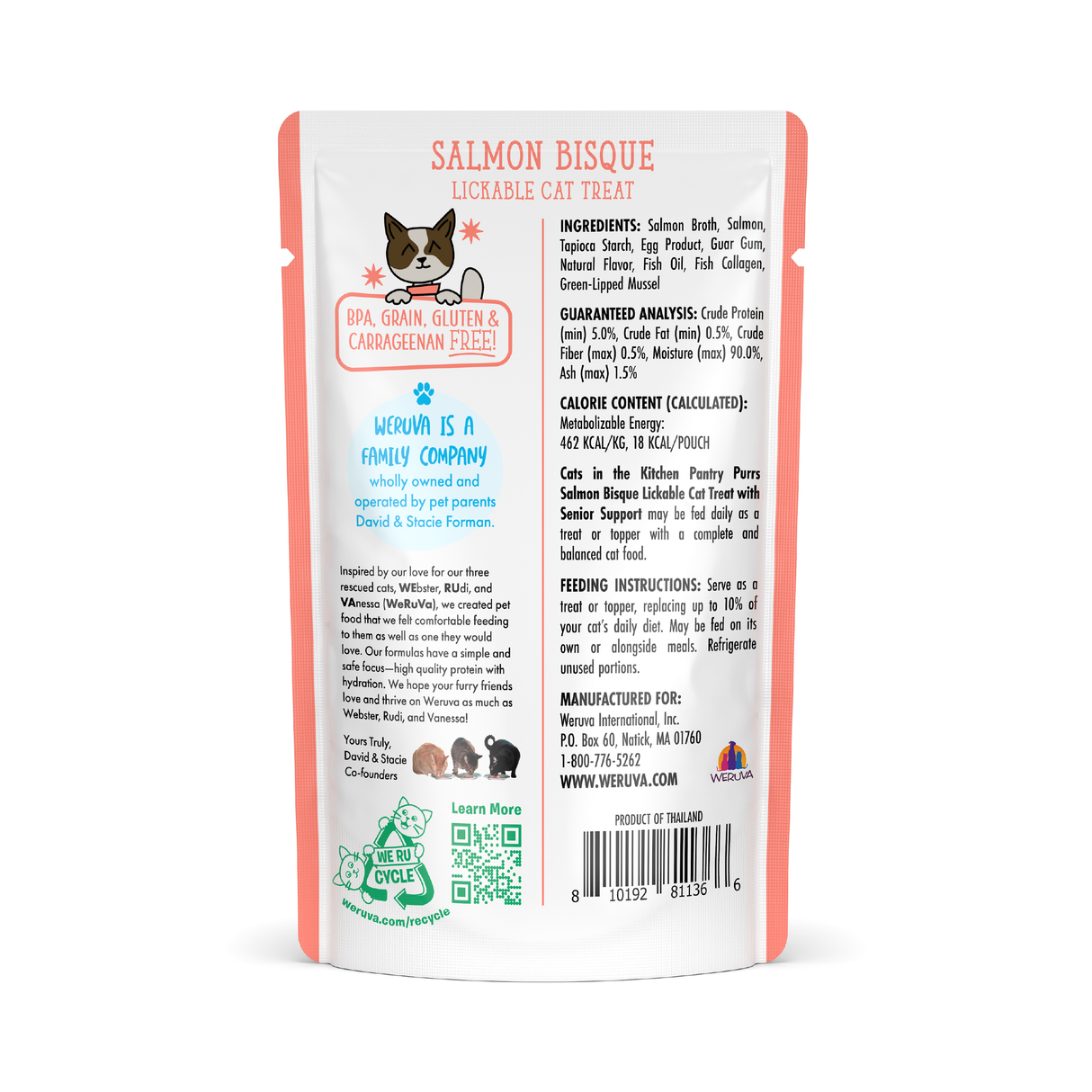 Back view of a Cats in the Kitchen Salmon Bisque with Senior Support cat treat pouch displays ingredients, nutrition facts, senior feeding guide, family message, barcode, icons, contact info, cat graphics, and blue accents.