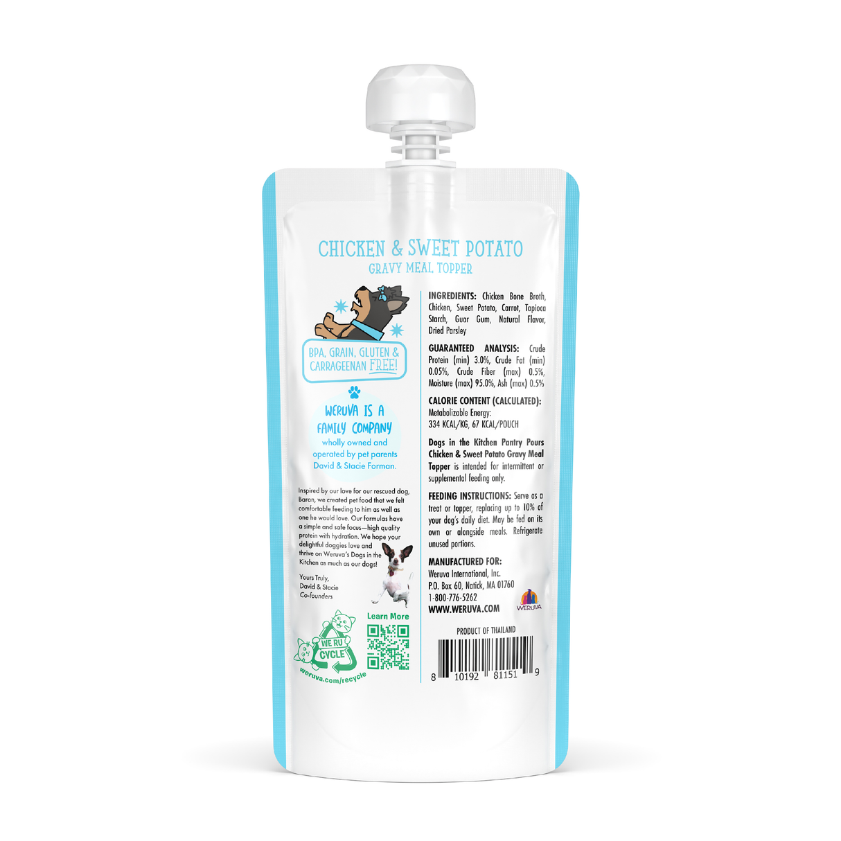 A white squeeze pouch with a spout, labeled Dogs in the Kitchen Chicken & Sweet Potato Gravy Meal Topper. The back lists ingredients, guaranteed analysis, feeding tips, and a company story—great as a dog gravy or topper with chicken bone broth.