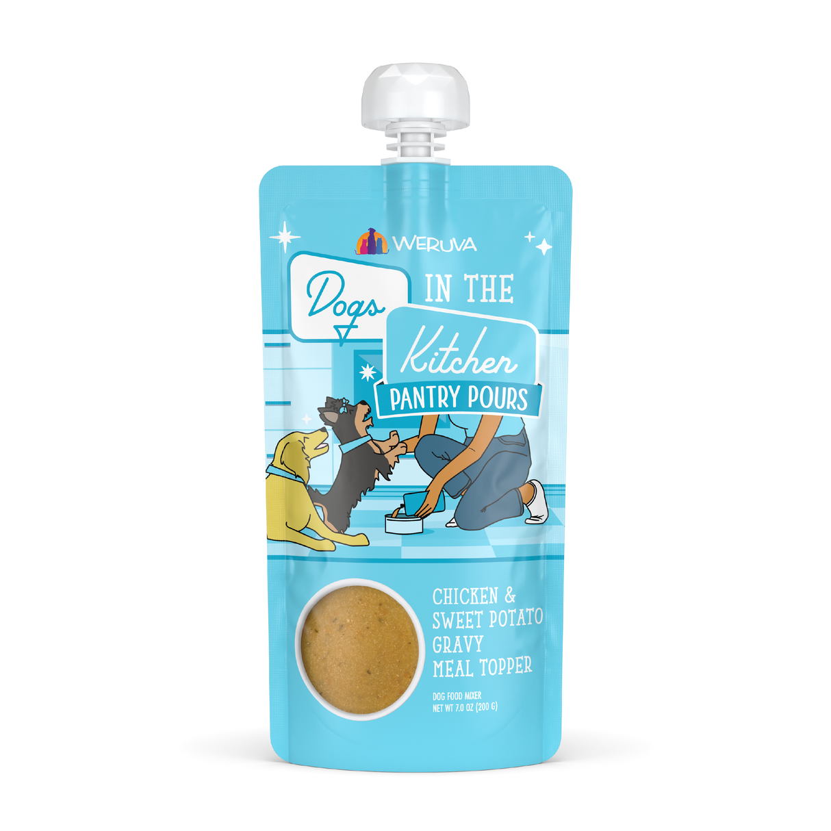 A blue pouch of Dogs in the Kitchen Chicken & Sweet Potato Gravy Meal Topper, featuring cartoon dogs being fed from a bowl and a clear window showing the product inside.