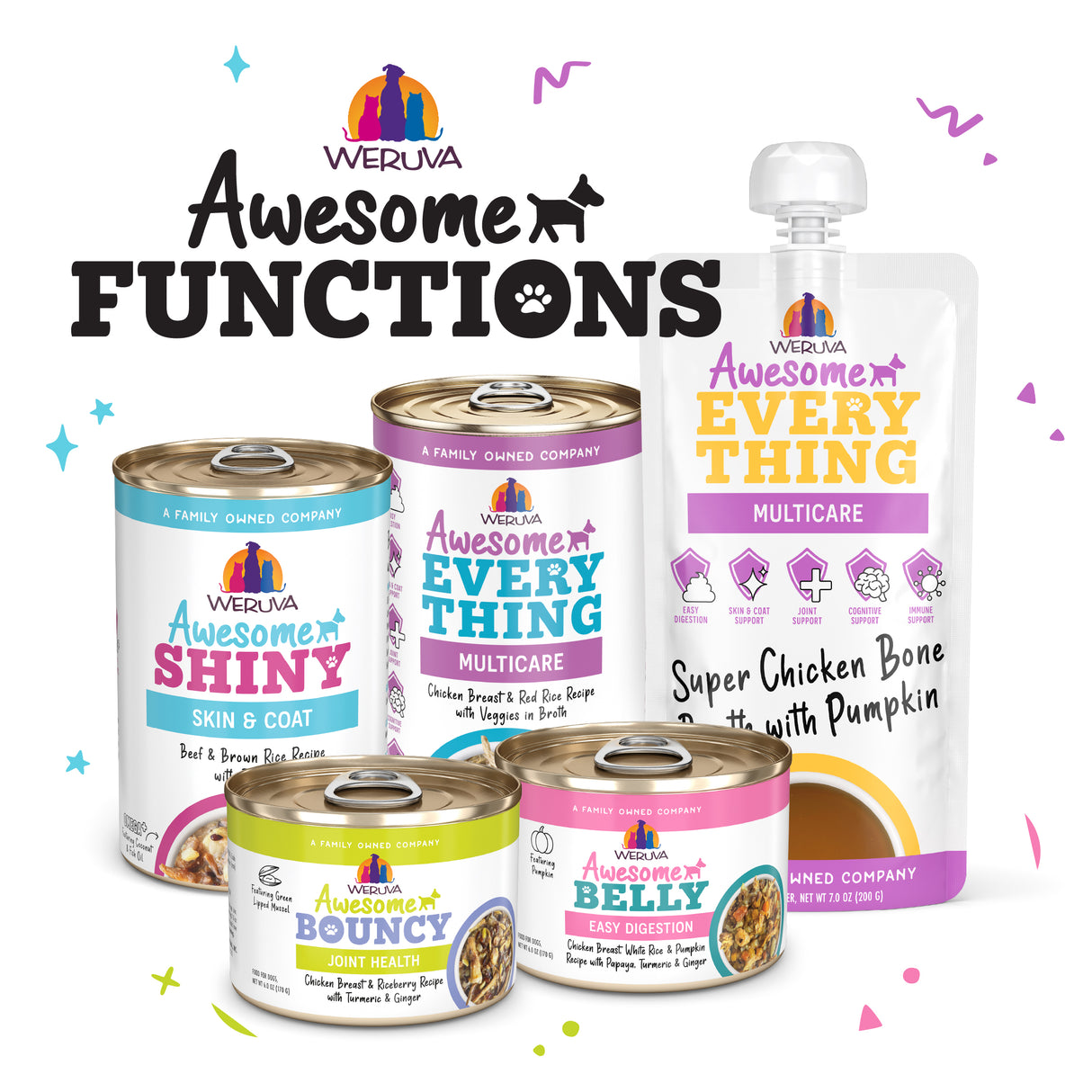 Five Awesome Functions superfood dog food products, including cans and a pouch, are arranged together. Colorful packaging displays “SHINY,” “EVERYTHING,” and more. “Awesome Functions” appears above, emphasizing wellness food benefits for dogs.
