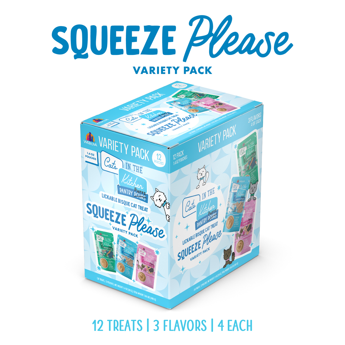 A Cats in the Kitchen Squeeze Please Variety Pack for cats, showing three lickable treats—chicken and tuna flavors—with images of cats, treats, and meal topper info on a white package.