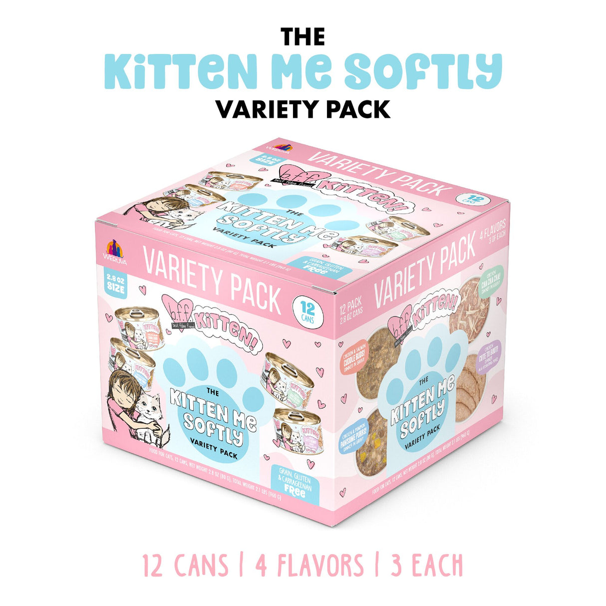 The Kitten Me Softly Variety Pack by BFF Best Feline Friend features 12 cans of cat food in 4 flavors, with a pink and white box displaying cartoon kittens, pastel text, and highlighting premium proteins.