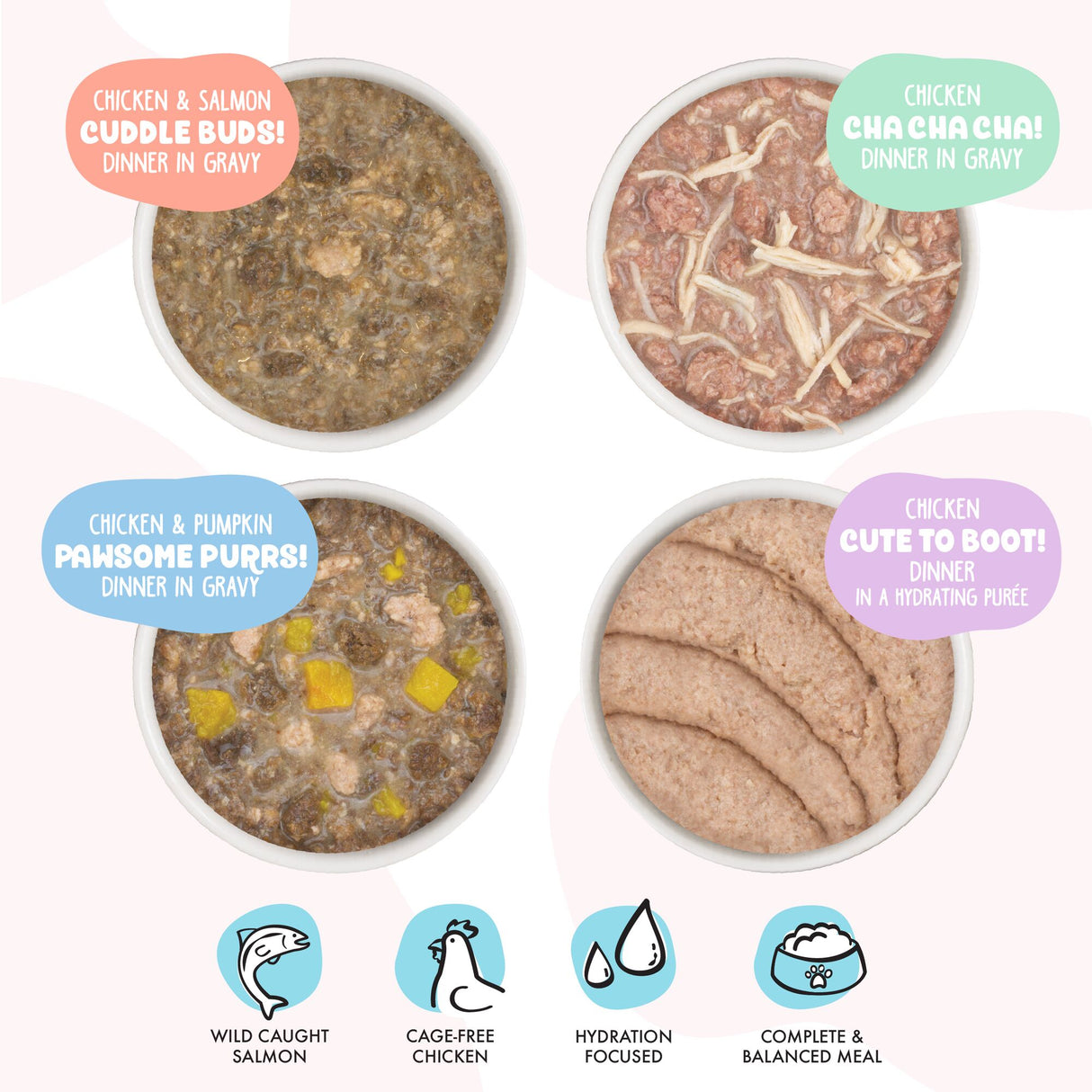 Four bowls of BFF Best Feline Friend Kitten Me Softly cat food in gravy or puree, made with premium proteins and flavors. Icons highlight salmon, chicken, hydration, and balanced meal benefits.