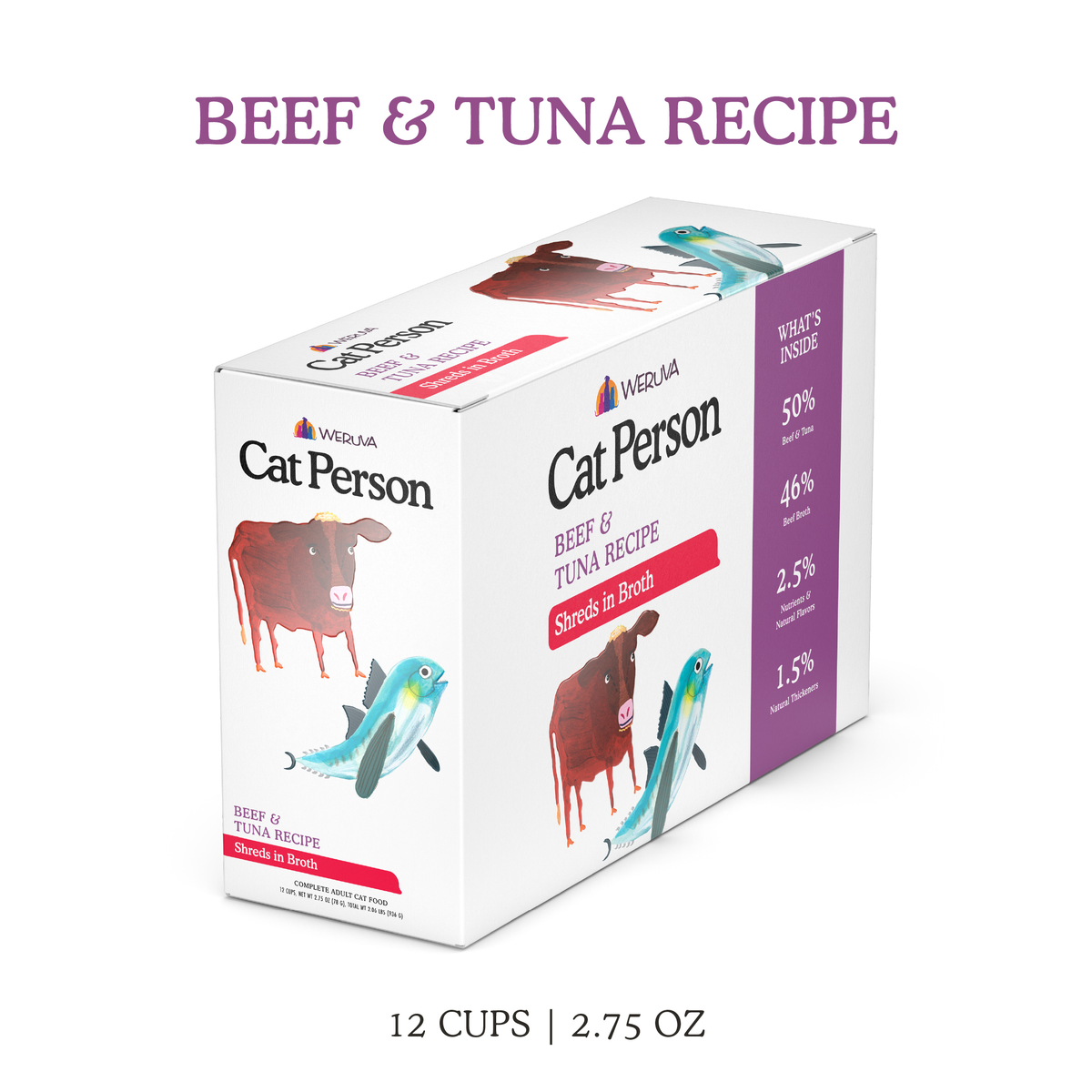 A Cat Person Beef & Tuna Shreds in Broth multipack box featuring illustrations of a cow and a tuna, with a side panel listing the ingredient percentages.