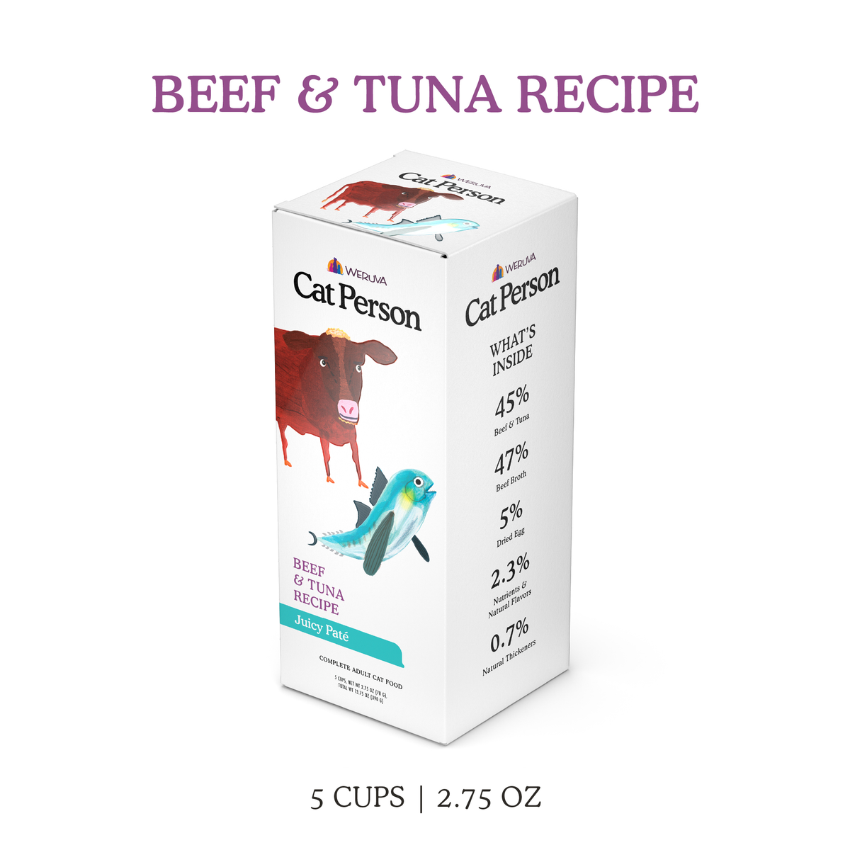 Vertical carton of Cat Person Beef & Tuna Juicy Paté featuring illustrations of a cow and a fish, with a list of ingredients and their percentages printed on the side.