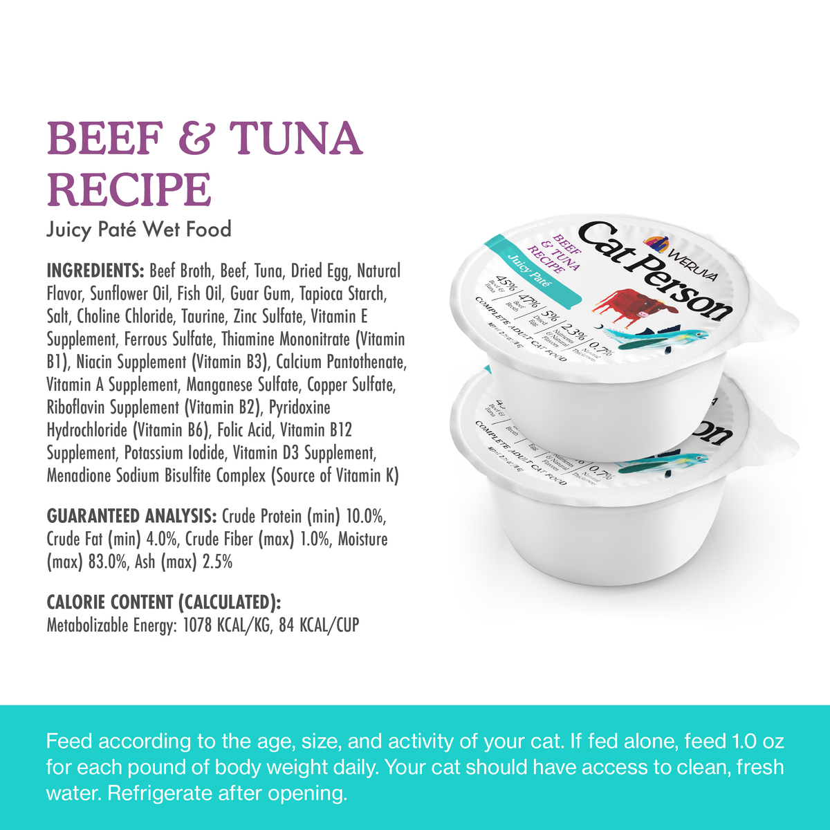 Two stacked containers of Beef & Tuna Juicy Paté cat food displayed beside a list of ingredients, guaranteed analysis, and feeding instructions for adult cat nutrition.