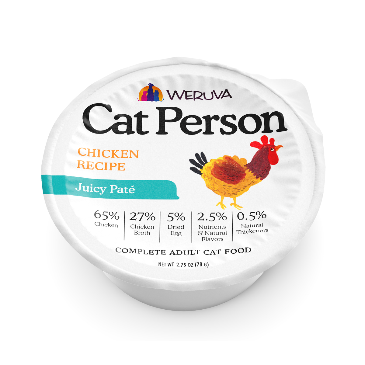 A round container of Cat Person Chicken Juicy Paté adult cat food featuring an illustration of a rooster and a list of ingredient percentages.