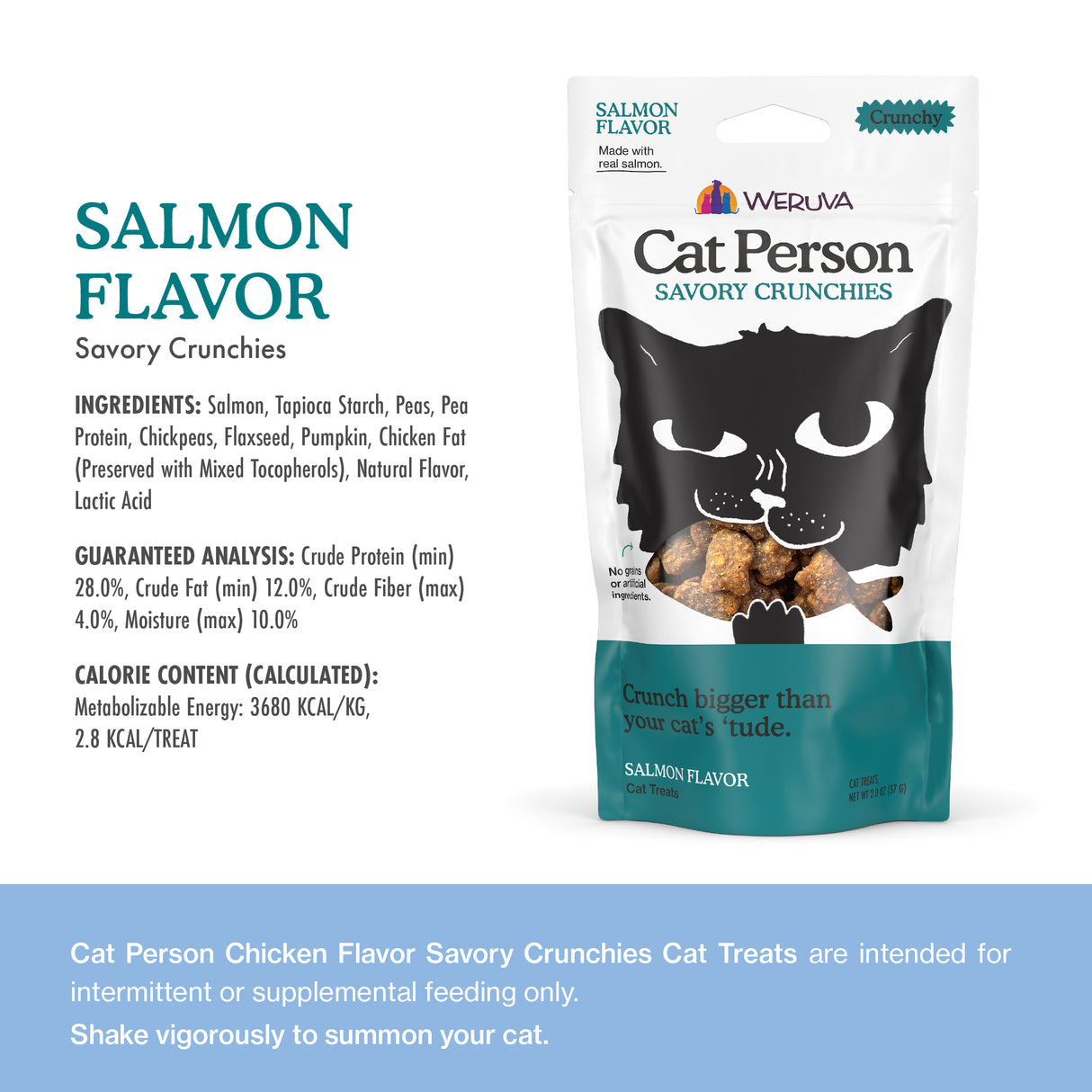 A bag of Cat Person Salmon Savory Crunchies low calorie cat treats is shown, featuring a black cat illustration and treat pieces, with ingredients and nutritional info—ideal salmon treats for a shiny coat—listed beside the package.