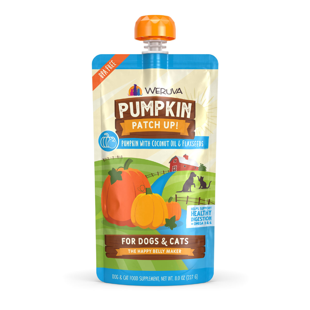 Weruva Pumpkin with Coconut Oil & Flaxseeds Supplement pouch for dogs and cats, featuring illustrations of pumpkins and a farm.