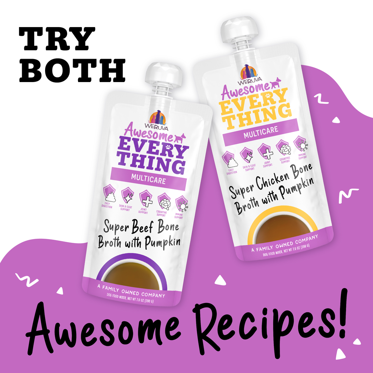 Two pouches of Awesome Everything Hydration Hero Variety Pack by Awesome Functions—ideal as a bone broth dog supplement for enhanced dog wellness.