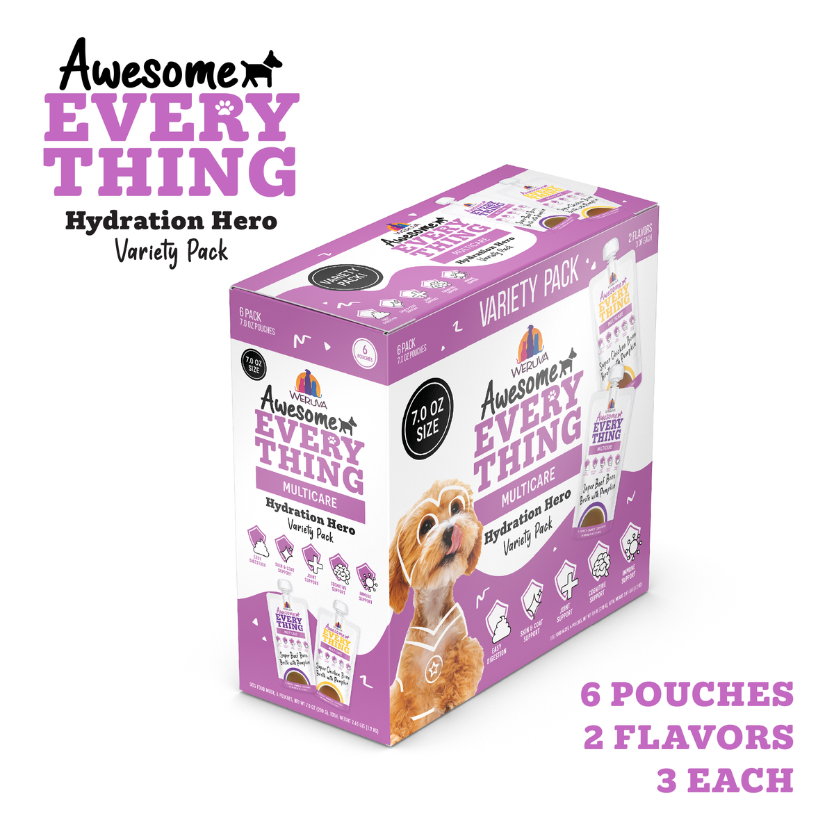 Awesome Functions Awesome Everything Hydration Hero Variety Pack: purple and white box features a dog, text showing 6 pouches (3 each of 2 flavors) bone broth dog supplement.