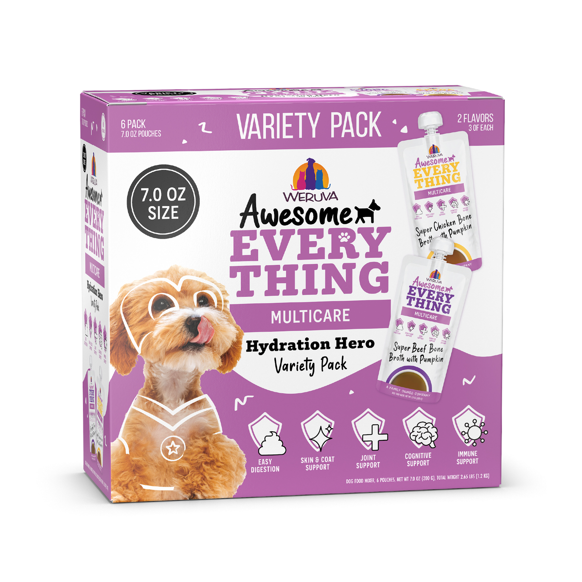 A purple Awesome Functions Awesome Everything Hydration Hero Variety Pack box features a cartoon dog, product tubes, and highlights hydration, digestive, skin, cognitive, and immune support for dogs.