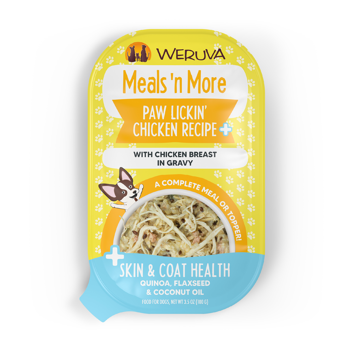 A yellow and blue Weruva pouch labeled Paw Lickin' Chicken Recipe Plus with real white meat chicken in gravy. It supports healthy skin and a shiny coat and shows an image of the food plus a cartoon dog.