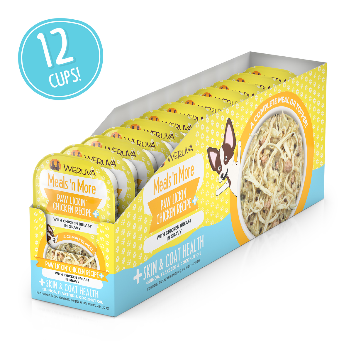 A display box of Weruva Paw Lickin' Chicken Recipe Plus cat food cups, with real white meat chicken, yellow packaging, and a cartoon cat. Text highlights benefits for a shiny coat and healthy skin.