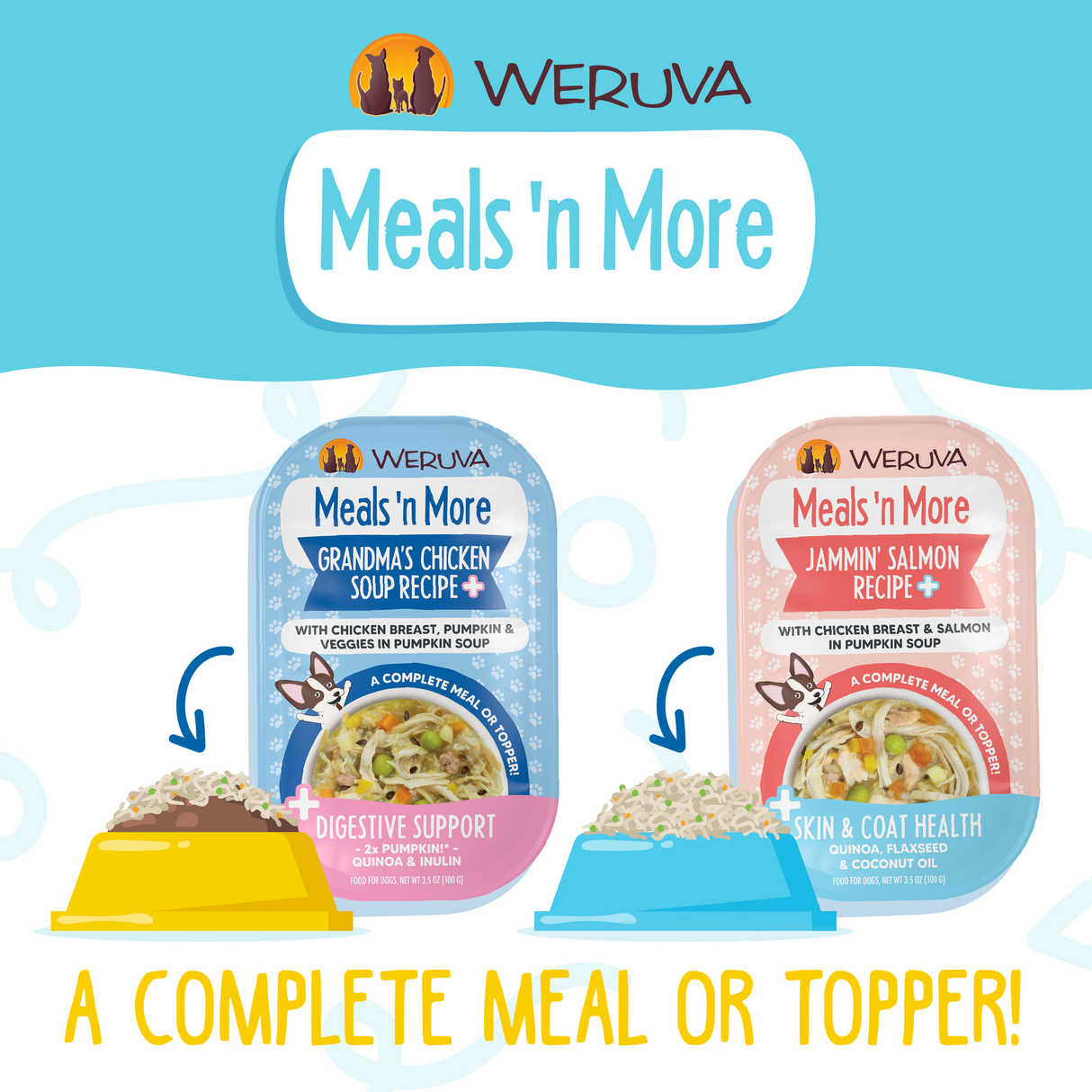 Two Weruva Paw Lickin' Chicken Recipe Plus pet food packets are shown with illustrated bowls. The image highlights digestive support and a shiny coat from real white meat chicken. Text: A complete meal or topper!.