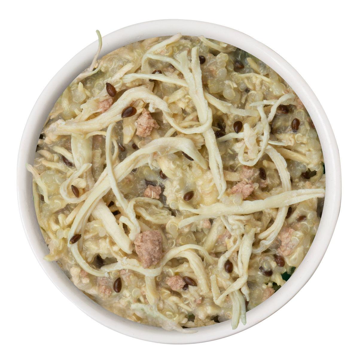 Weruva’s Paw Lickin' Chicken Recipe Plus features real white meat chicken, quinoa, seeds, and visible grains in a creamy beige sauce for a wholesome meal.