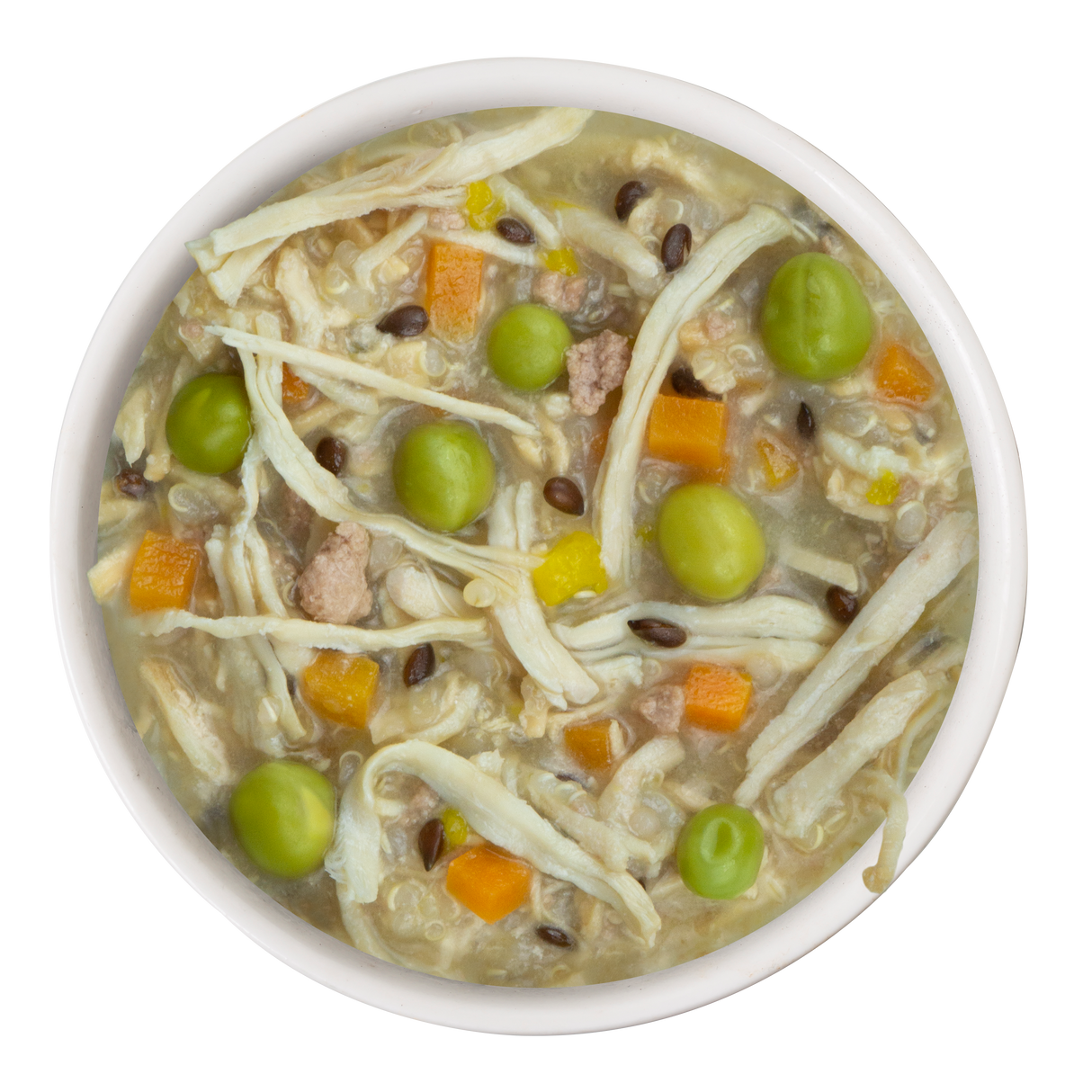 A bowl of Weruva Funky Chunky Recipe Plus dog food, made with white meat chicken, green peas, carrots, grains, and lentils in broth, shown from above on a white background.