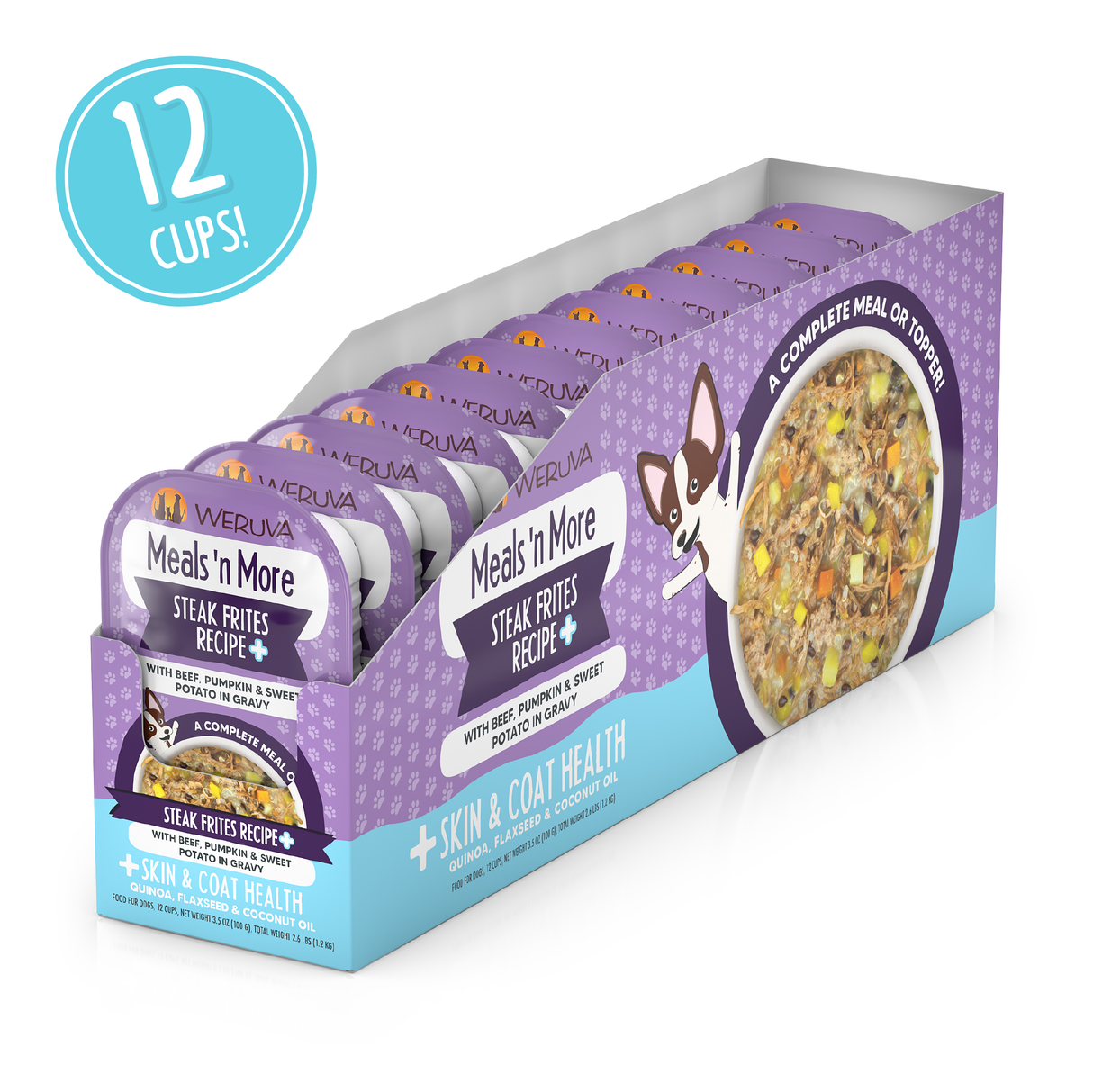 A display box of 12 Weruva Steak Frites Recipe Plus cups features a cartoon dog, food bowl image, and text promoting healthy skin and shiny coat—perfect as a convenient dog meal or topper.