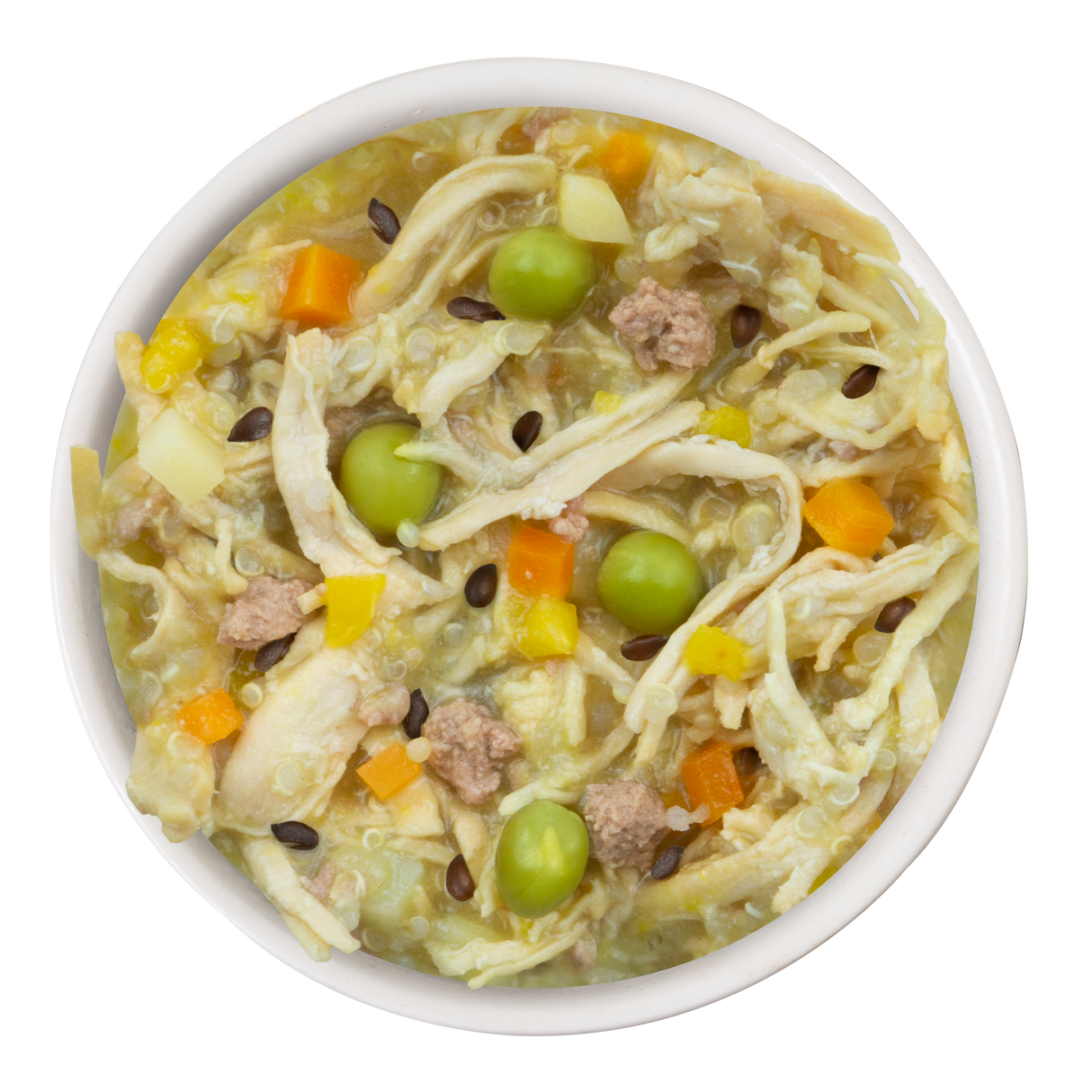 Weruva Grandma's Chicken Soup Recipe Plus is a bowl of real white meat chicken, peas, diced carrots, potato pieces, ground meat, and grains in light broth—easy to digest—pictured from above on a white background.