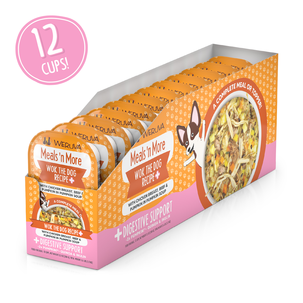 A box of 12 Weruva Wok The Dog Recipe Plus dog food cups with chicken, grass-fed beef, pumpkin, carrot & rice. The packaging promotes easy digestion benefits and shows a meal image on the right side.
