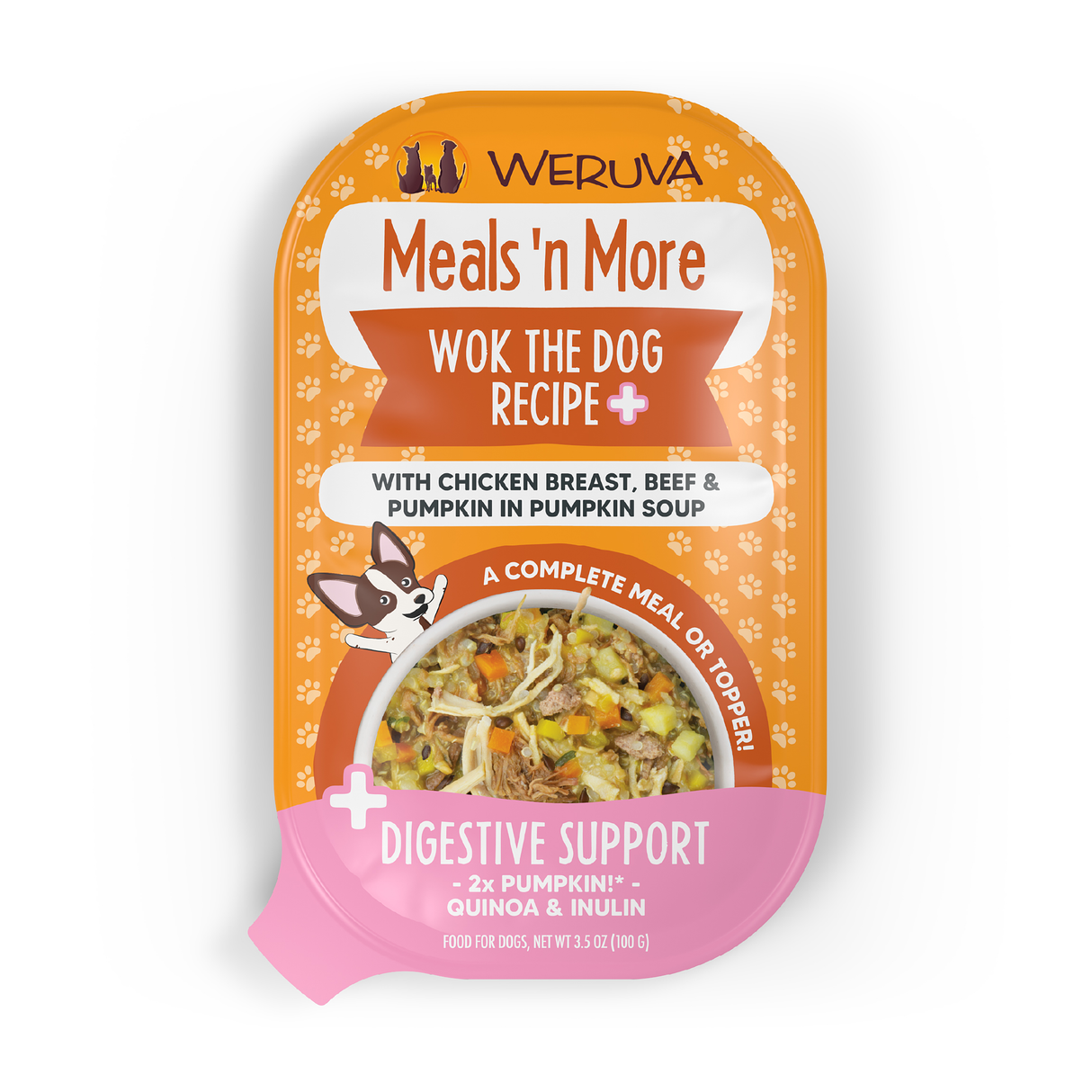 Weruva Wok The Dog Recipe Plus comes in orange and pink packaging, featuring a cartoon dog, bowl of food, convenient cups, and promotes easy digestion with chicken, grass-fed beef, and pumpkin soup.