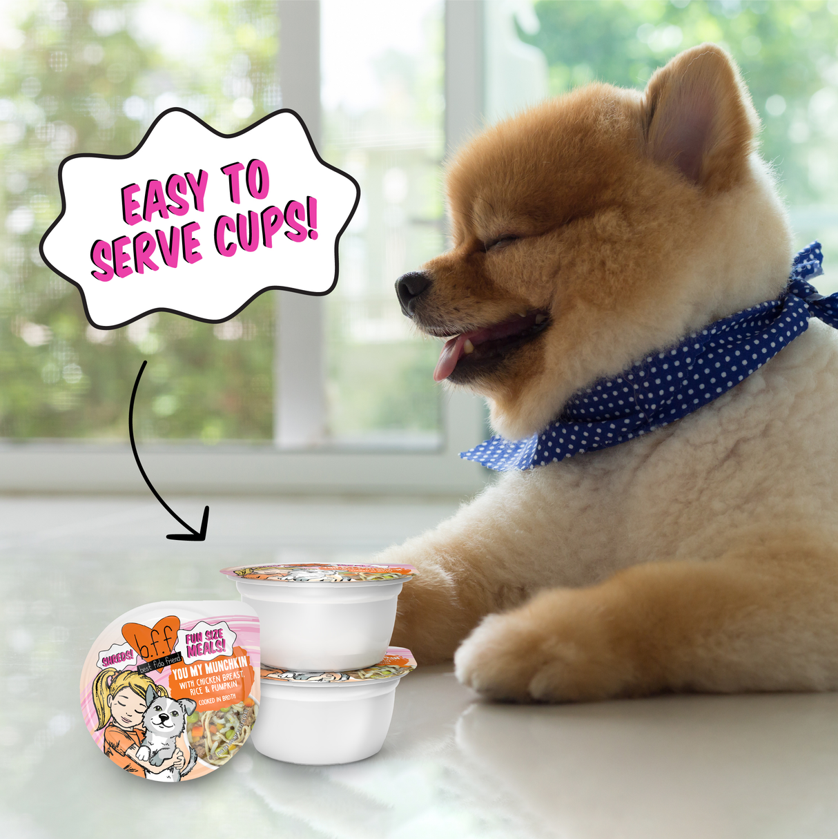 A cheerful Pomeranian in a blue polka dot bandana sits by two You My Munchkin chicken rice pumpkin dog food cups from BFF Best Fido Friend. A speech bubble says, "Easy to serve cups!" The packaging shows a cartoon dog and woman.