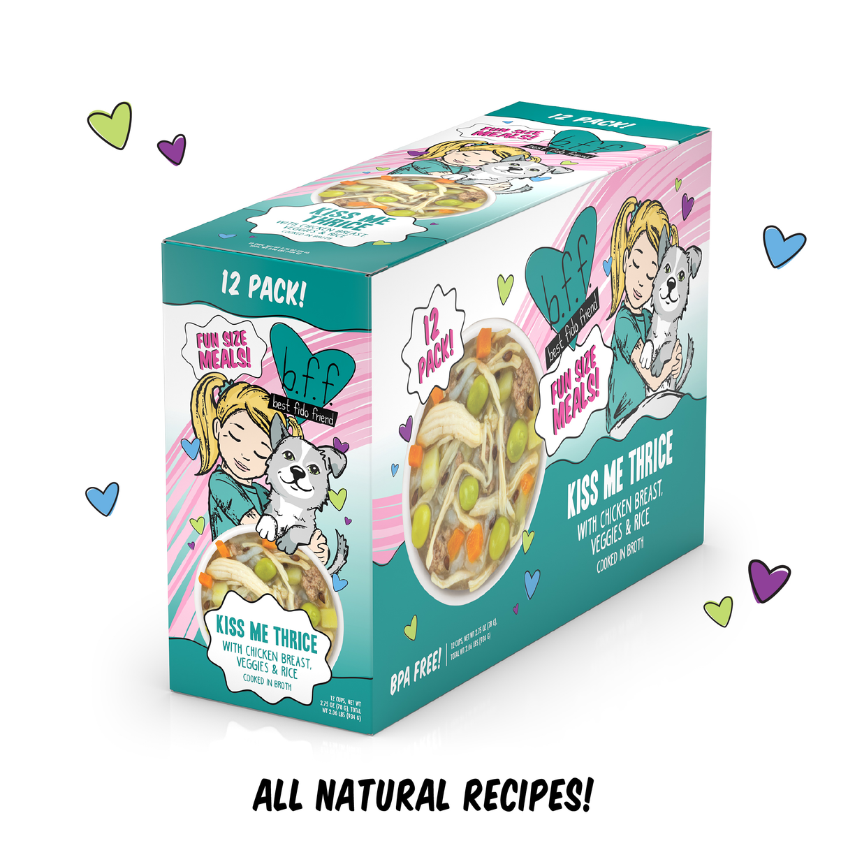 A vibrant 12-pack of BFF Best Fido Friend Kiss Me Thrice chicken dog food with veggies and rice. Packaging features a girl hugging a cat, playful hearts, and bold text—perfect for your pet!.