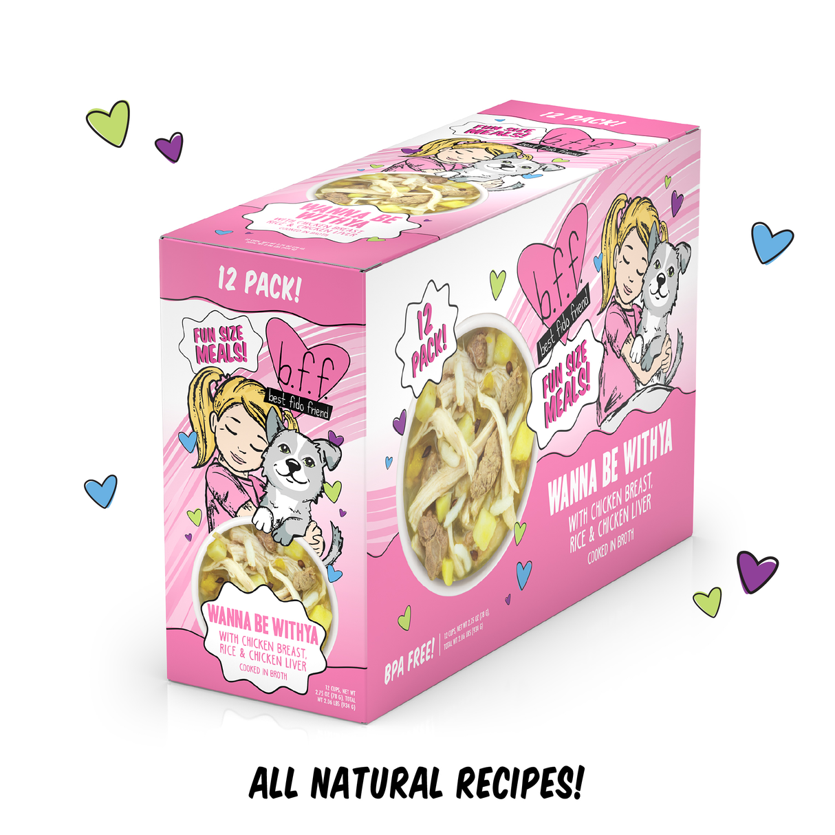 A box of Wanna Be Withya by BFF Best Fido Friend on a white background, featuring delicious chicken and rice dog food.