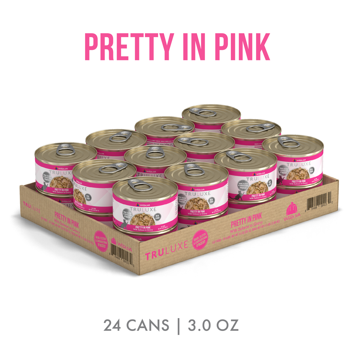 A tray of 24 TruLuxe Pretty in Pink cat food cans (3.0 oz each) features salmon, a pink and white label, and highlights the brand, product name, flavor, and quantity on the packaging.