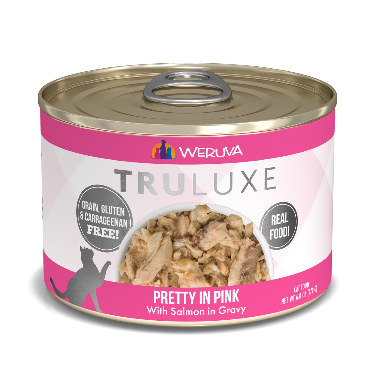 A can of TruLuxe Pretty in Pink cat food, featuring hand-flaked salmon in gravy, a photo of the food, pink and white design, and text saying it's grain-free, gluten-free, and carrageenan-free.