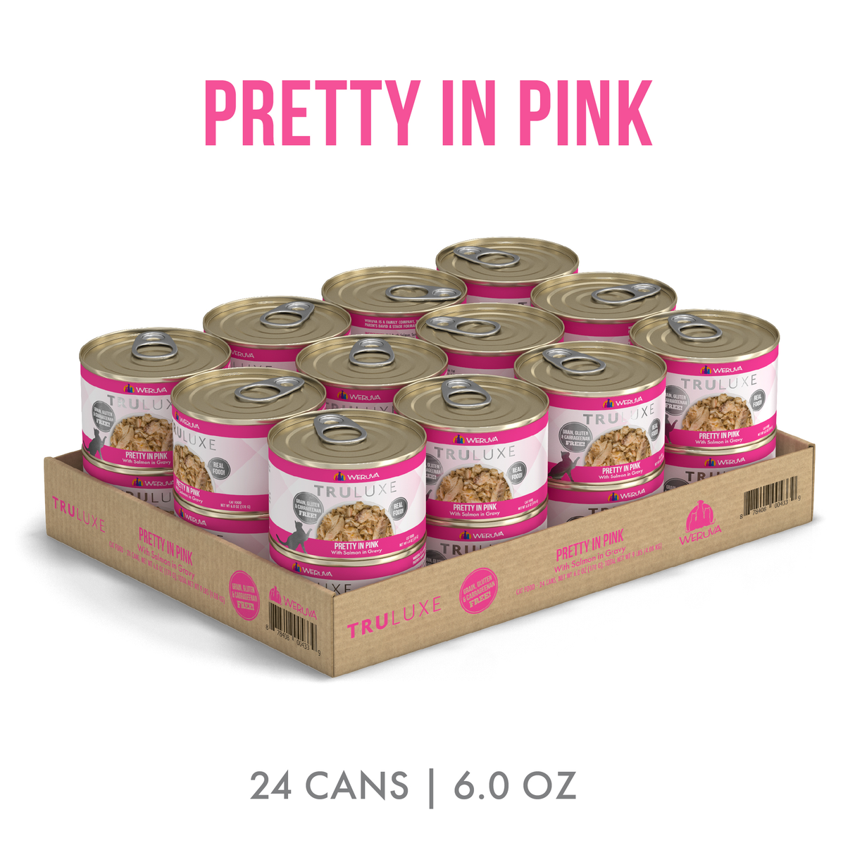 A cardboard tray holds 24 cans of TruLuxe Pretty in Pink cat food, each featuring wild-caught salmon and pink-accented labels. Text above says “Pretty in Pink” and below reads “24 cans | 6.0 oz.”.