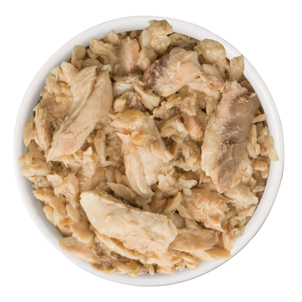 A white bowl filled with TruLuxe Pretty in Pink hand-flaked salmon in water, viewed from above on a white background, offering refined nutrition.