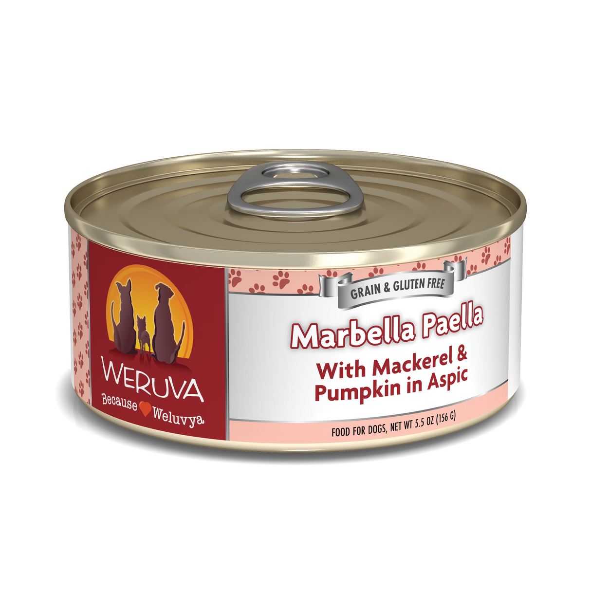 A can of Weruva Marbella Paella dog food, featuring mackerel and pumpkin in aspic. The label has two cat silhouettes, paw prints, a gold lid, and Grain & Gluten Free text—ideal for fans of seafood dog food!.