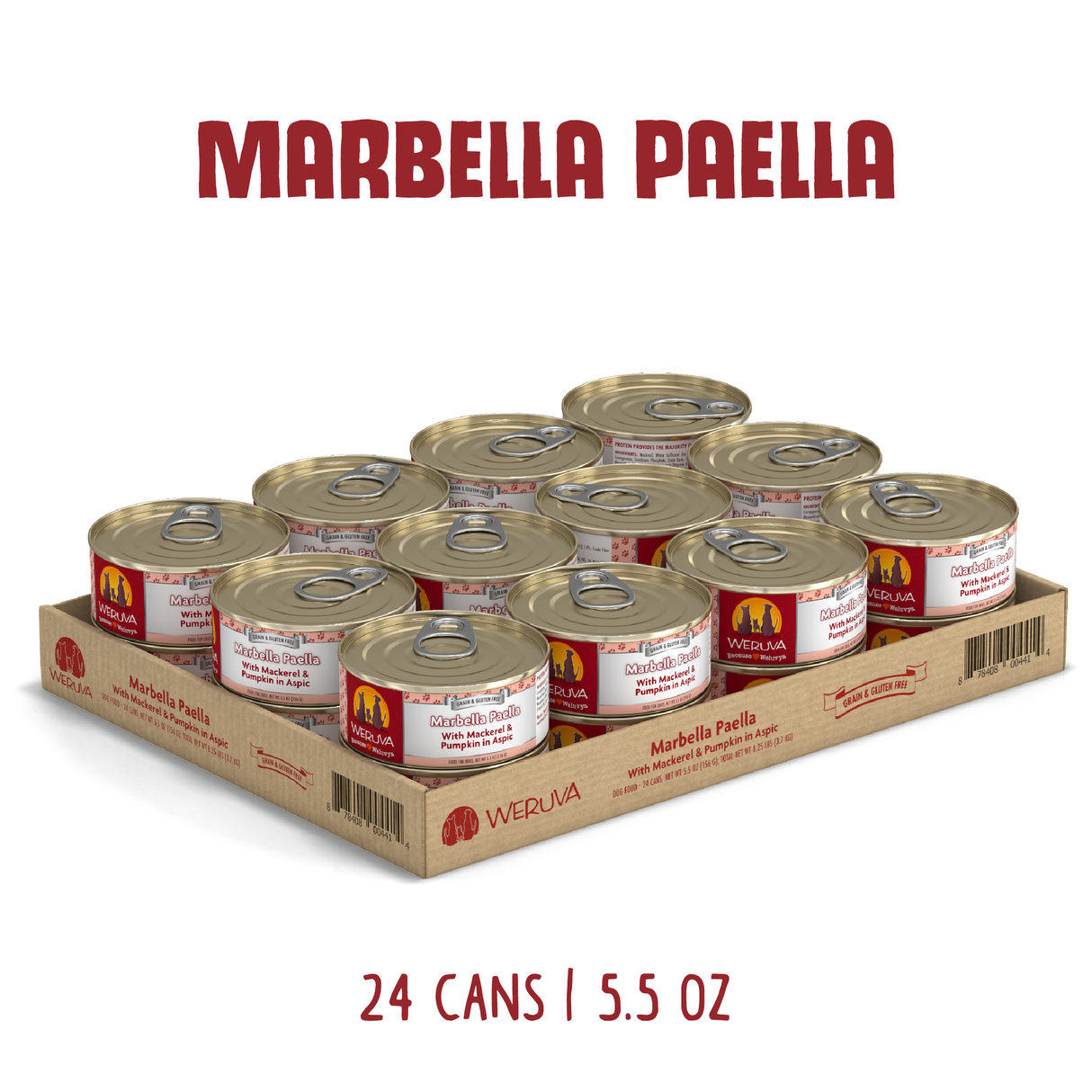 A tray of 24 Weruva Marbella Paella cans (5.5 oz each), with the brand and product name on each label. "Marbella Paella" is noted above, and "24 cans | 5.5 oz" appears below.